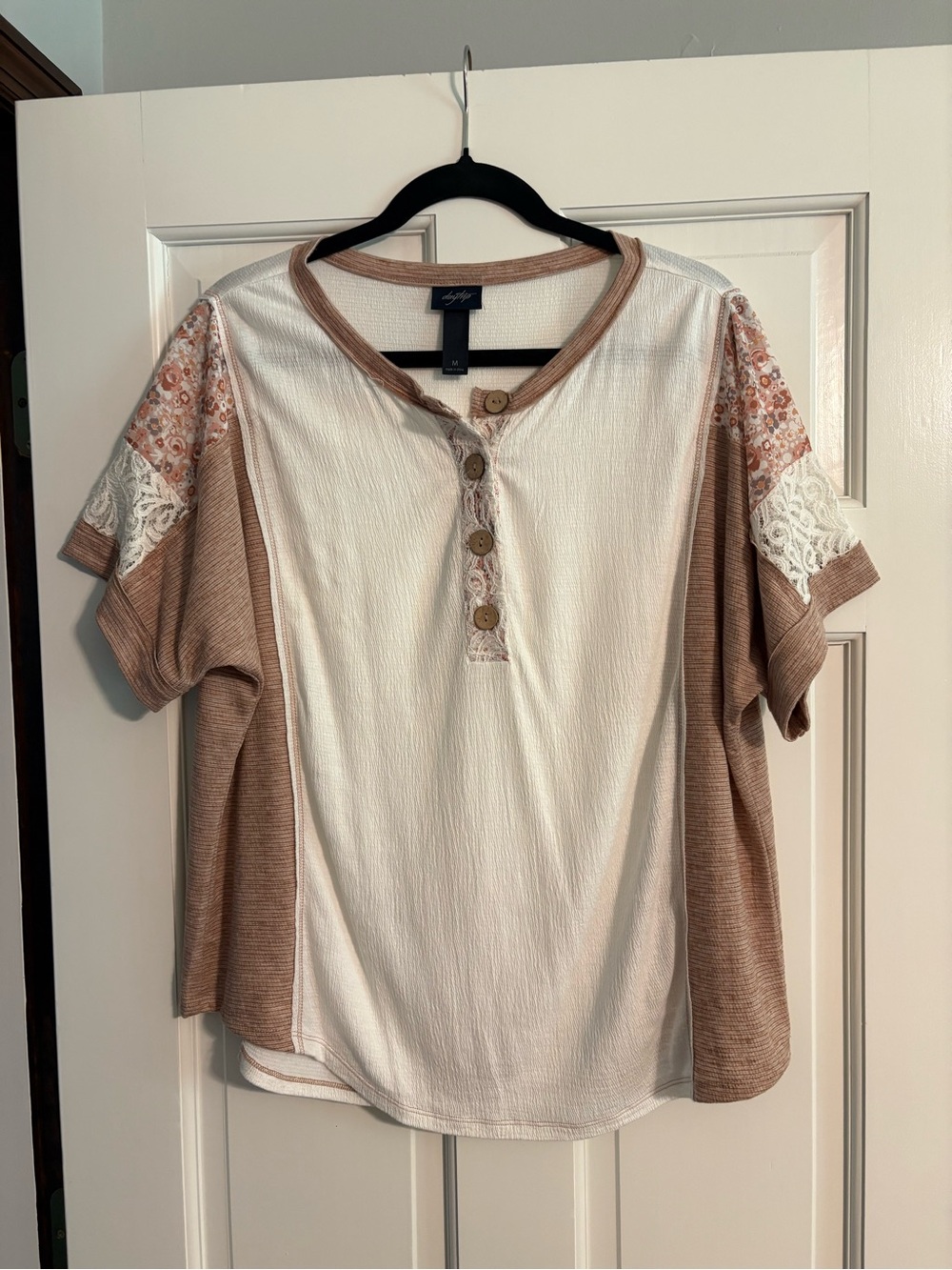 Daytrip Cream and Taupe Button-Front Henley with Lace Accent